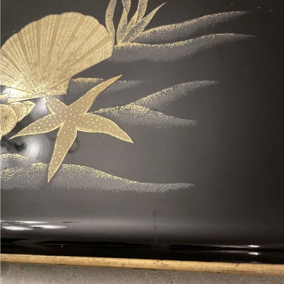 Decorative Seashell Serving Rectangular Tray Black Lacquer Otagiri Japan VNTG - Picture 3 of 5